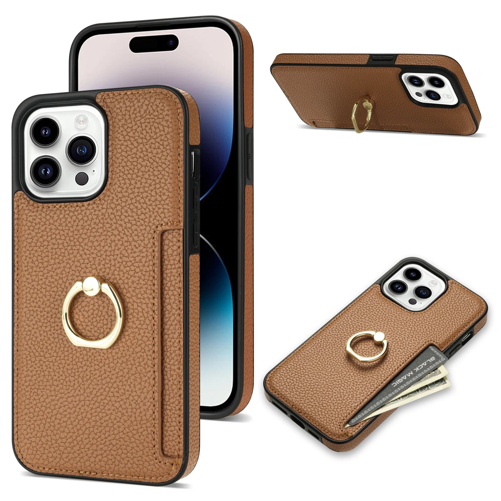Ring Holder Card Slot Leather Wallet Phone