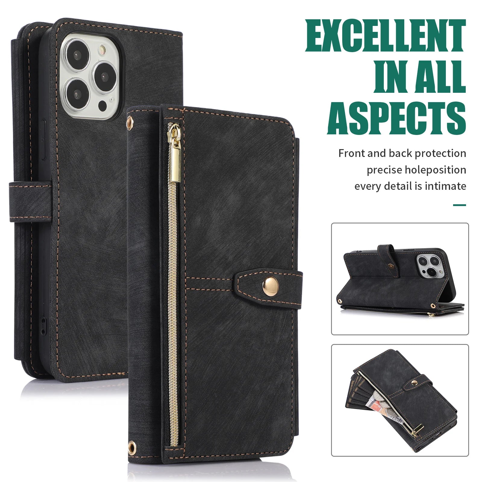 Crossbody Zipper Wallet Phone Case for iPhone Lanyard Leather Cover
