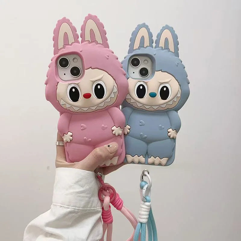 3D Cartoon Kawaii Monster Rabbit Case with Lanyard iphone 11 to 16 Pro MaxPlus