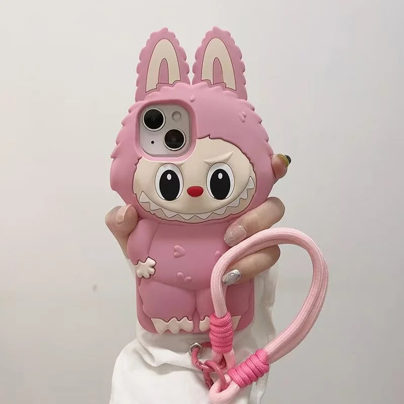 3D Cartoon Kawaii Monster Rabbit Case with Lanyard iphone 11 to 16 Pro MaxPlus