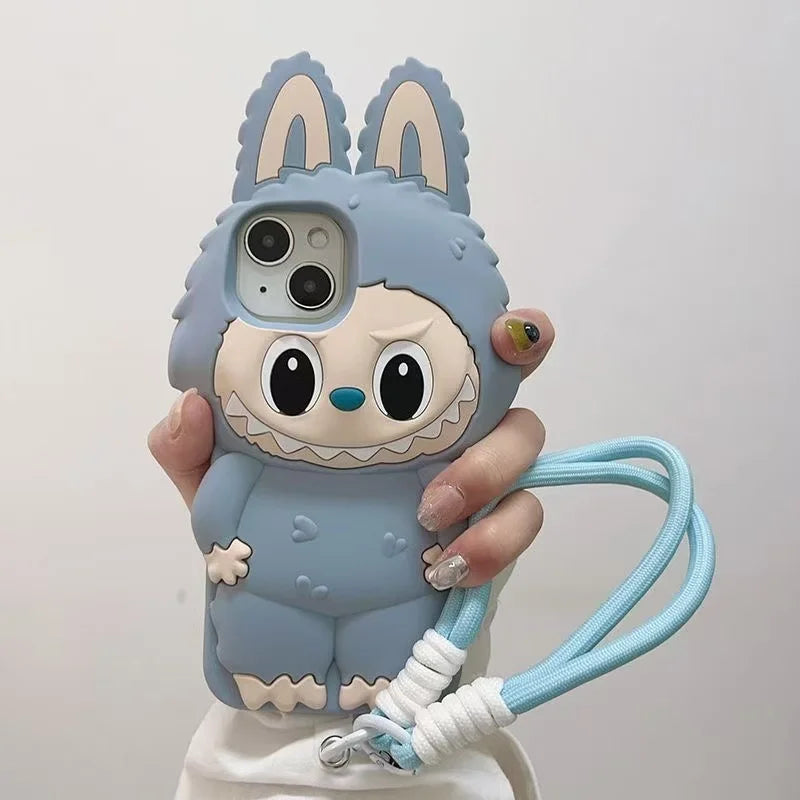 3D Cartoon Kawaii Monster Rabbit Case with Lanyard iphone 11 to 16 Pro MaxPlus