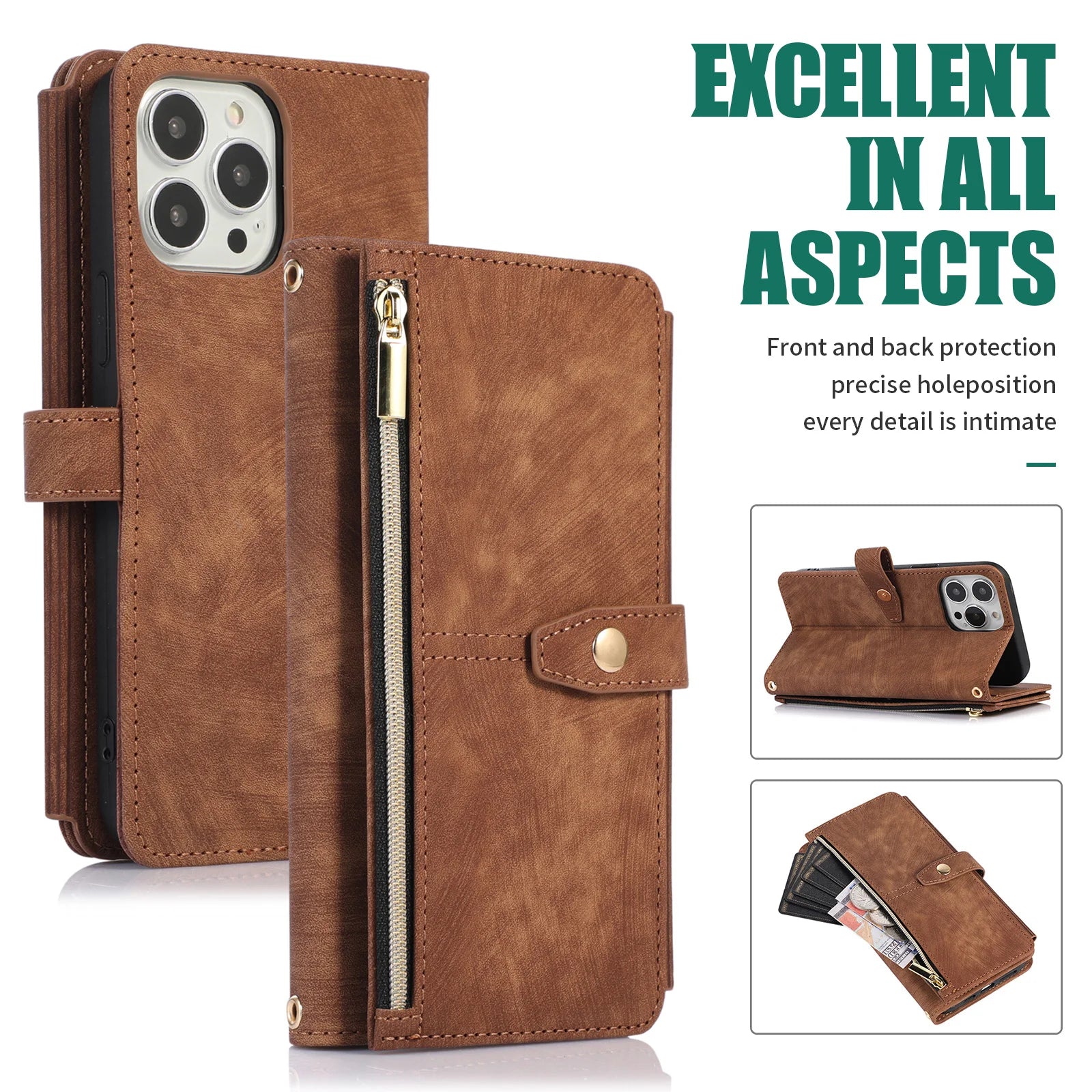 Crossbody Zipper Wallet Phone Case for iPhone Lanyard Leather Cover