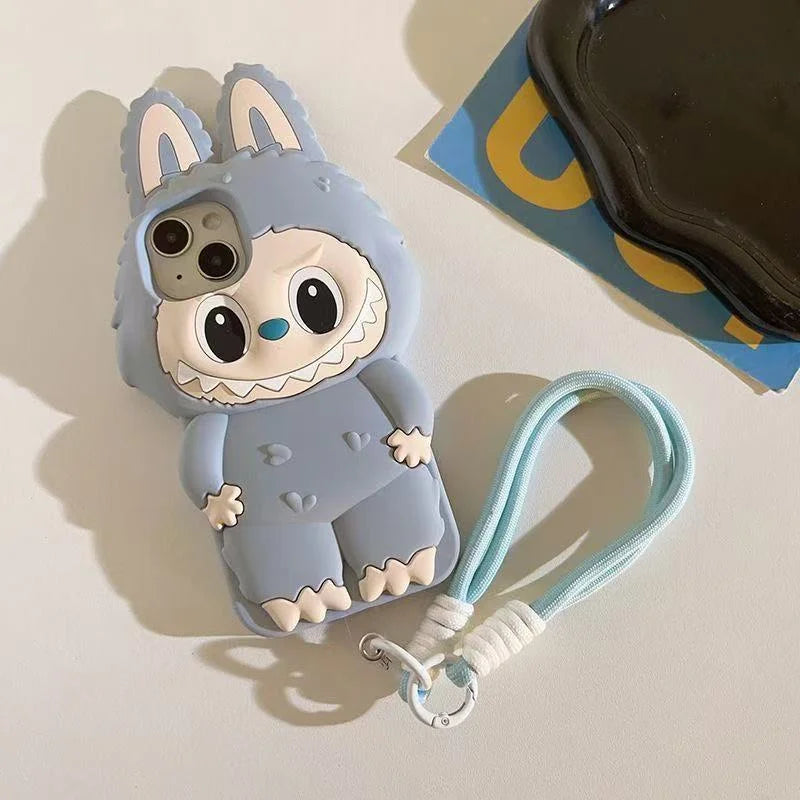 3D Cartoon Kawaii Monster Rabbit Case with Lanyard iphone 11 to 16 Pro MaxPlus